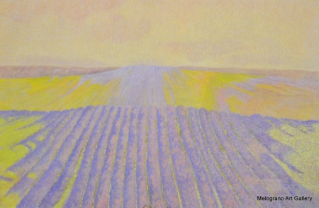 Quadro di Maurizio Pupilli, pittore livornese puntinista, con campi di lavanda