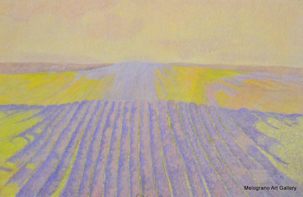 Quadro di Maurizio Pupilli, pittore livornese puntinista, con campi di lavanda