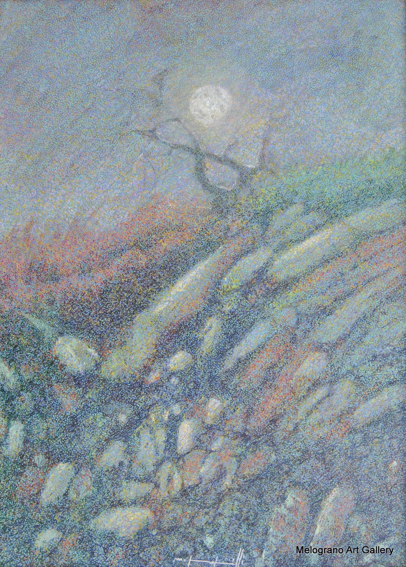 Quadro di Maurizio Pupilli, pittore livornese puntinista, con ombre azzurre sulla scogliera