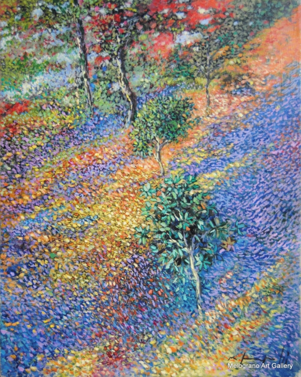 Quadro di Maurizio Pupilli, pittore livornese puntinista, con ombre fiorite e un bosco misterioso