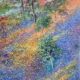 Quadro di Maurizio Pupilli, pittore livornese puntinista, con ombre fiorite e un bosco misterioso