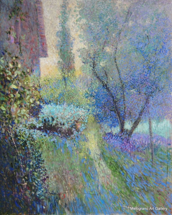 Quadro di Maurizio Pupilli, pittore livornese puntinista, con ombre fiorite e un giardino misterioso