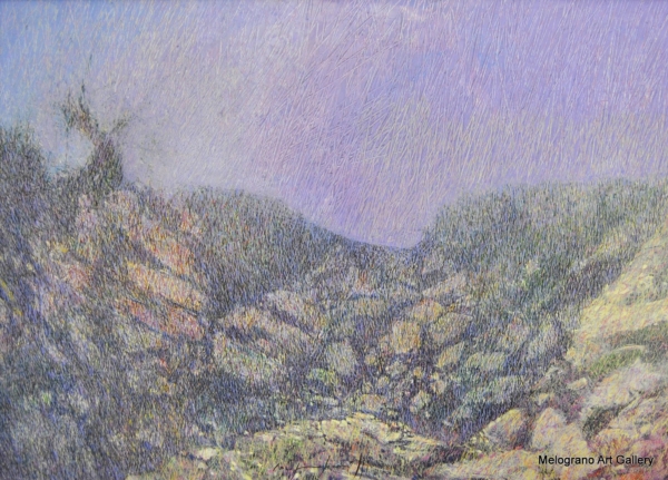 Quadro di Maurizio Pupilli, pittore livornese puntinista, con riflessi violacei sulla scogliera e le tamerici