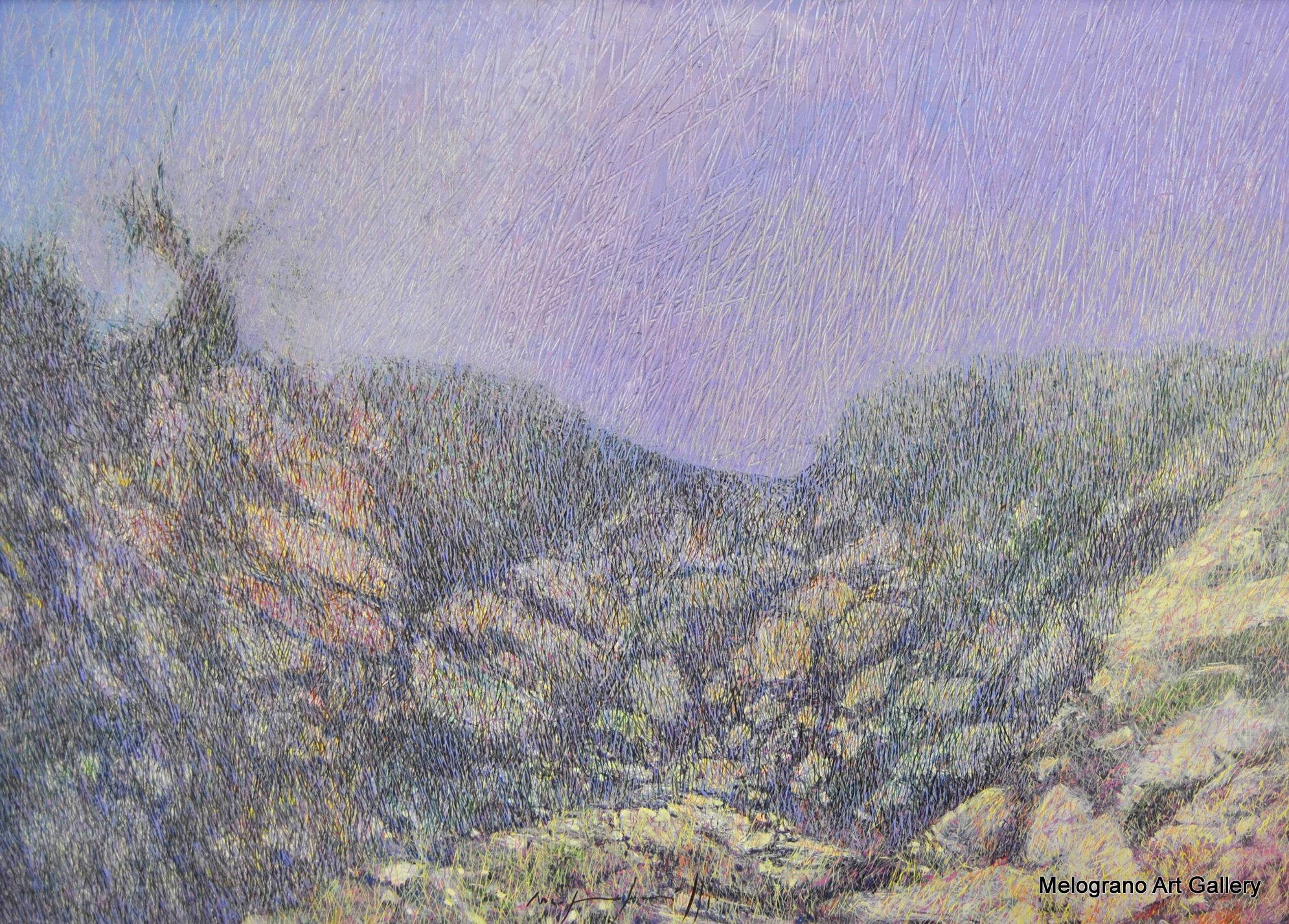Quadro di Maurizio Pupilli, pittore livornese puntinista, con riflessi violacei sulla scogliera e le tamerici