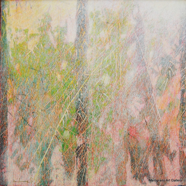 Quadro di Maurizio Pupilli, pittore livornese puntinista, con ombre nel canneto