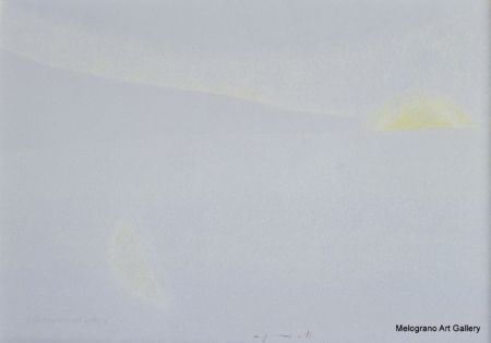 Quadro di Maurizio Pupilli, pittore livornese puntinista, con riflessi dell'alba nell'azzurro nebbioso
