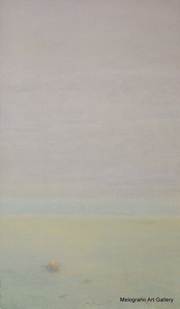 Quadro di Maurizio Pupilli, pittore livornese puntinista, con atmosfera nebbiosa su una spiagga