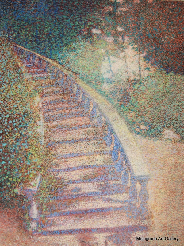 Quadro di Maurizio Pupilli, pittore livornese puntinista, con un giardino e una scala misteriosa