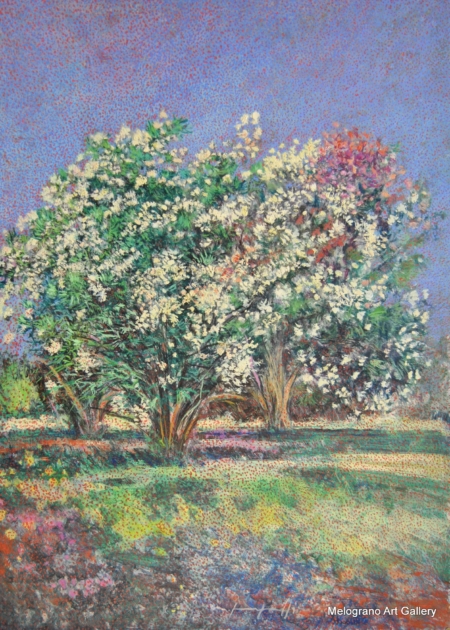 Quadro di Maurizio Pupilli, pittore livornese puntinista, con una fioritura di oleandro