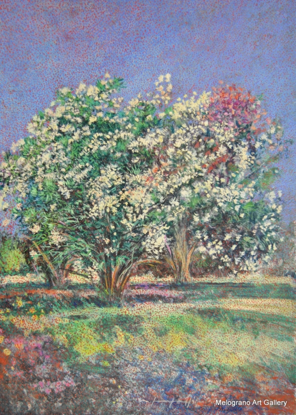 Quadro di Maurizio Pupilli, pittore livornese puntinista, con una fioritura di oleandro