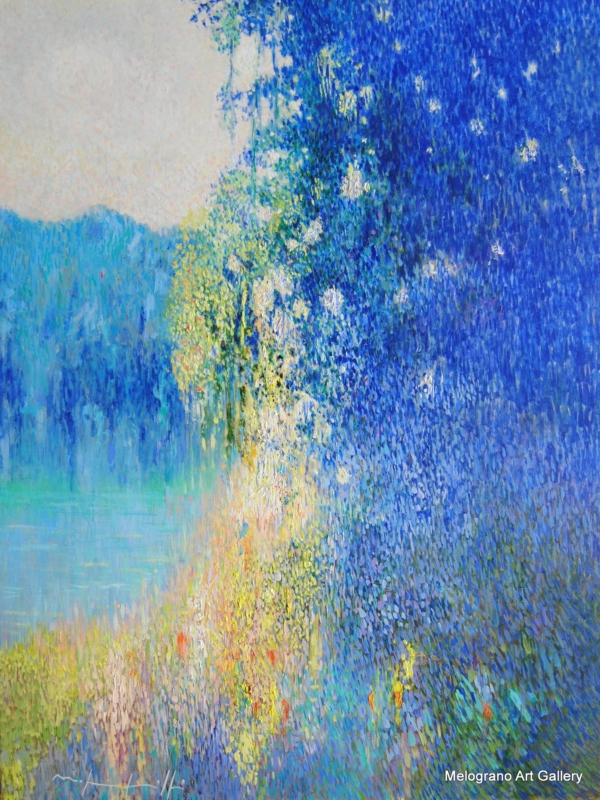 Quadro di Maurizio Pupilli, pittore livornese puntinista, con ombre azzurre e un giardino misterioso