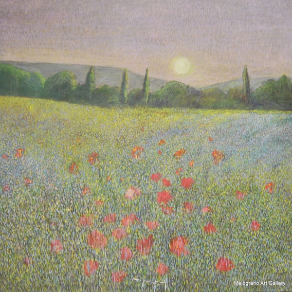Quadro di Maurizio Pupilli, pittore livornese puntinista, campi di papaveri e sole sorgente