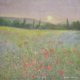 Quadro di Maurizio Pupilli, pittore livornese puntinista, campi di papaveri e sole sorgente