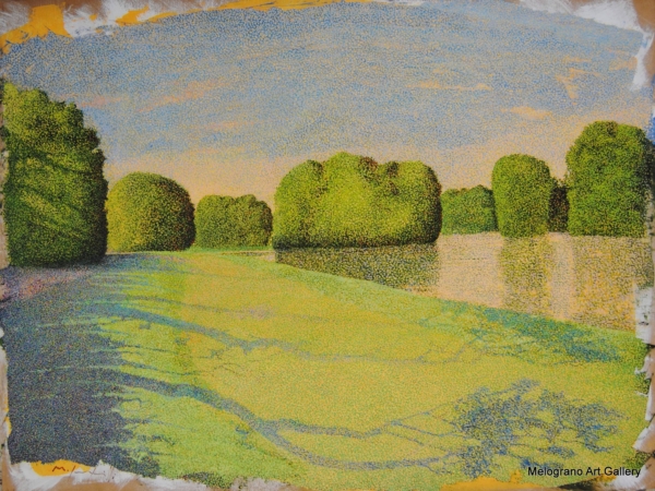 Quadro di Maurizio Pupilli, pittore livornese puntinista, con cespuglie radure