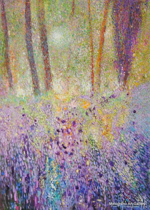 Quadro di Maurizio Pupilli, pittore livornese puntinista, con ombre fiorite e un giardino misterioso