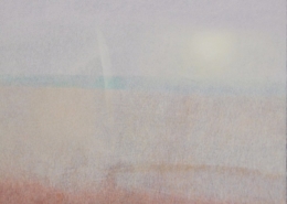 Opera di Maurizio Pupilli, pittura puntinista meditativa, con vibrazioni cromatiche e forme rarefatte che emergono tra pieni e vuoti.