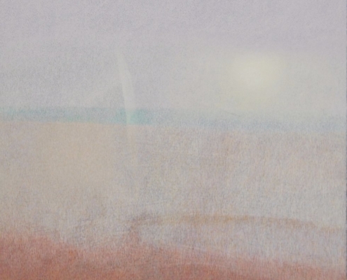 Opera di Maurizio Pupilli, pittura puntinista meditativa, con vibrazioni cromatiche e forme rarefatte che emergono tra pieni e vuoti.