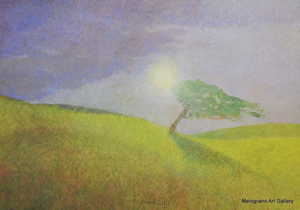 Quadro di Maurizio Pupilli, pittore livornese puntinista, con riflessi dell'alba nella campagna