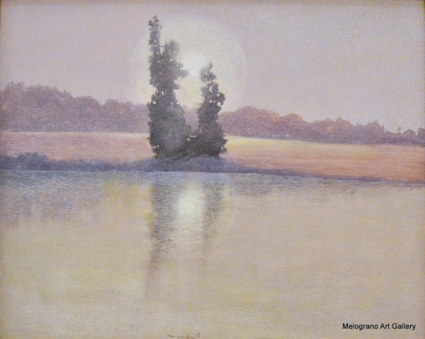 Quadro di Maurizio Pupilli, pittore livornese puntinista, con alba e riflessi rosati