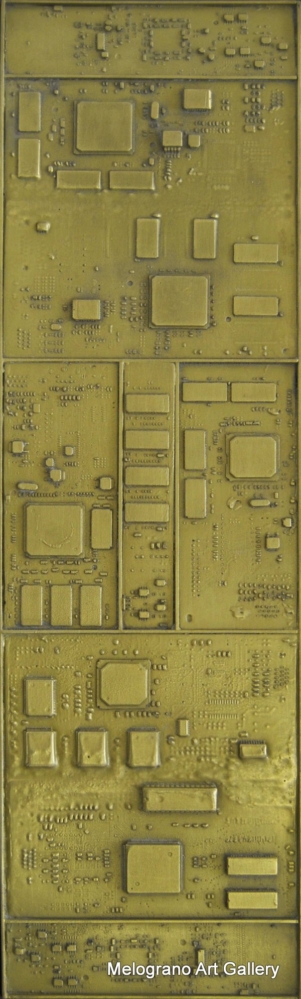 Opera concettuale di Morgan Zangrossi, realizzata con componenti hardware, ferro e resina. L’insieme metallico si trasforma in codici da scoprire.