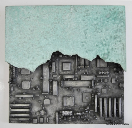 Quadro concettuale di Morgan Zangrossi serie in-prospettive. Ossidi e componenti metallici assemblati