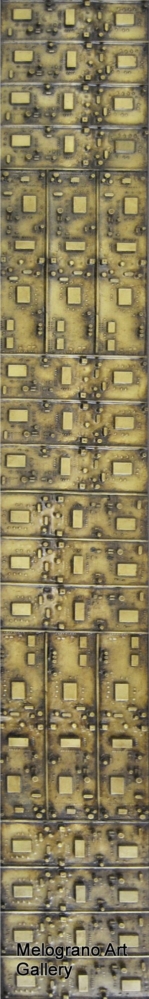 Opera concettuale di Morgan Zangrossi, realizzata con componenti hardware, ferro e resina. L’insieme metallico si trasforma in codici da scoprire.