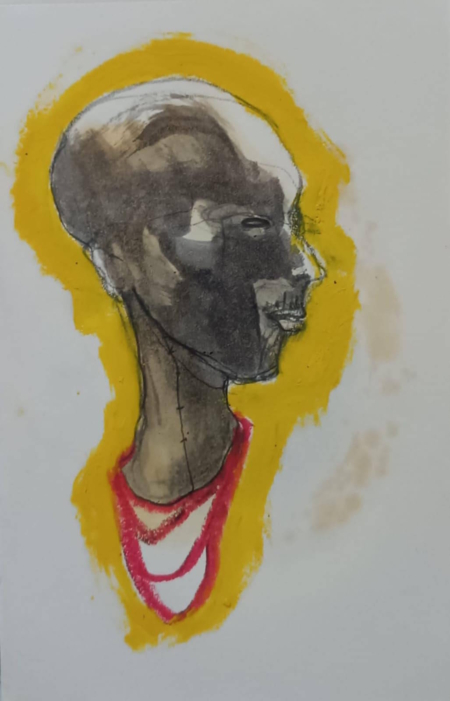 Volto espressionista in grafite con aura gialla, opera su carta di Ottavio Mangiarini.