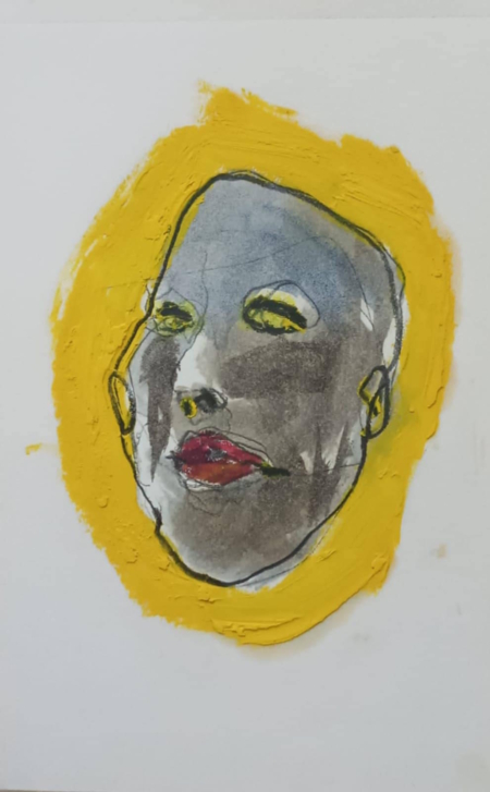 Volto in grafite e pastello con aura gialla, opera su carta di Ottavio Mangiarini.