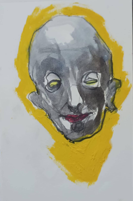 Volto scuro e drammatico in grafite con aura gialla, opera espressionista di Ottavio Mangiarini.