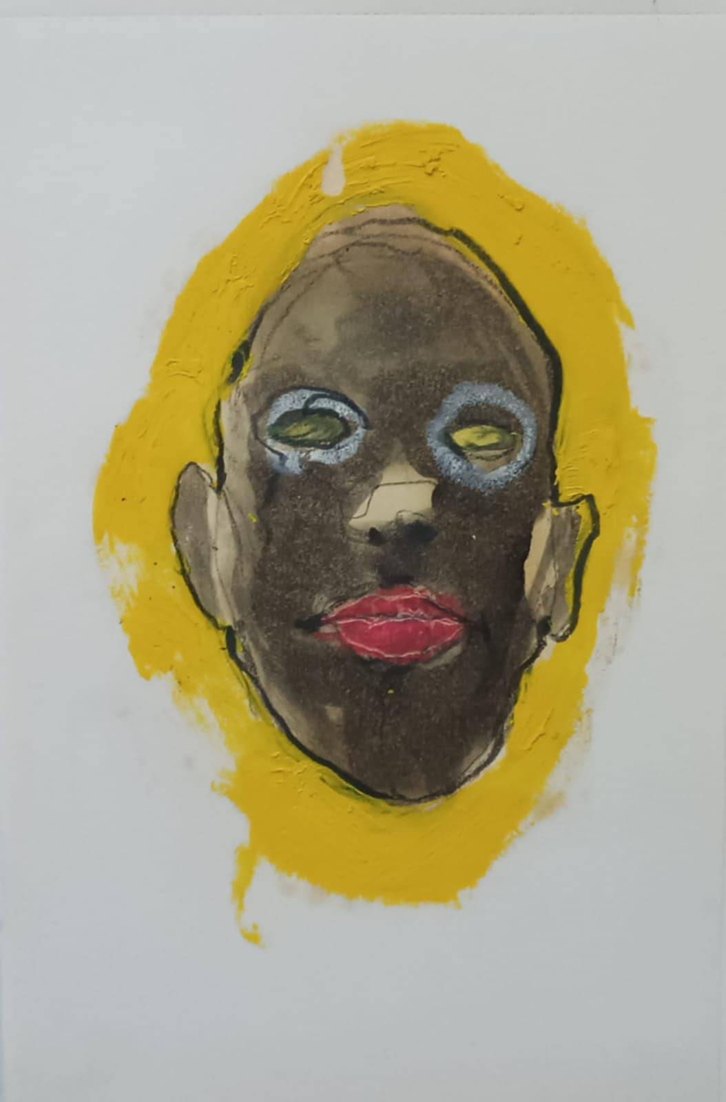 Volto stilizzato in grafite con aura gialla luminosa, opera espressionista di Ottavio Mangiarini.