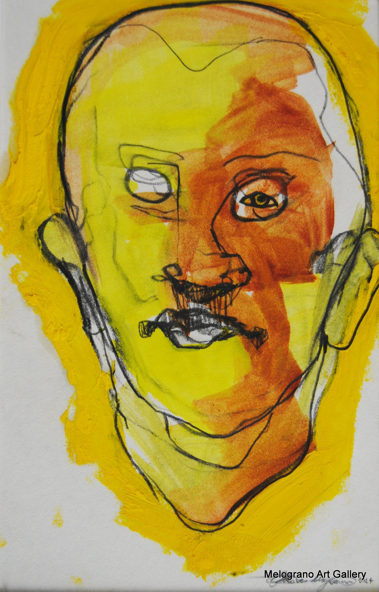 Maschera espressionista in grafite con velatura gialla e arancio, opera su carta di Ottavio Mangiarini.