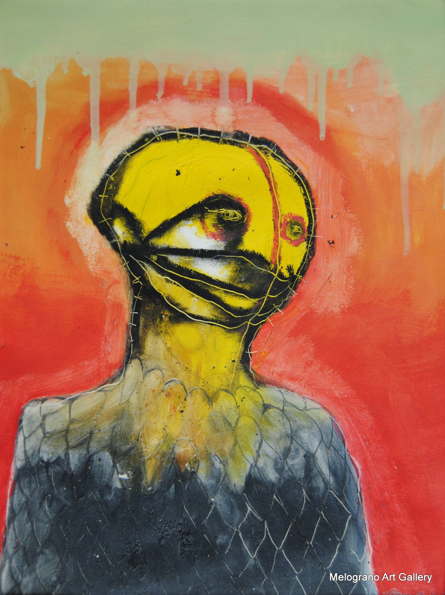 Volto e busto di androide con contrasti forti di rosso e giallo, tratto matita e velature, atmosfera surreale e tecnologica.