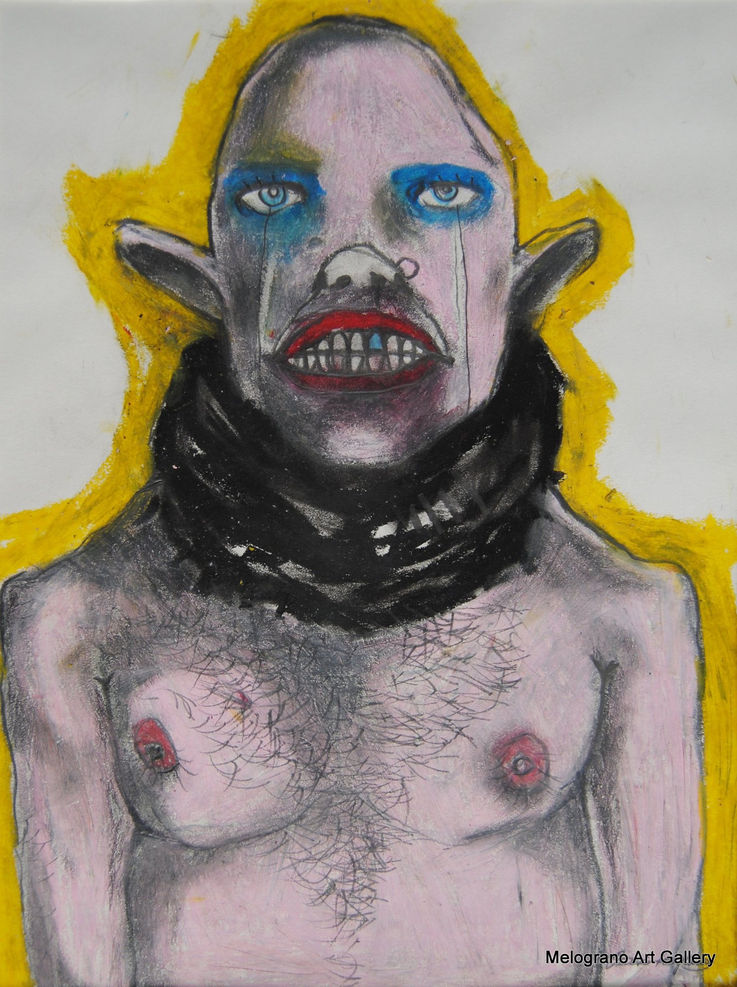 Torso mostruoso con espressione disumana e aura gialla, tratto matita con velature, opera simbolica di Mangiarini.