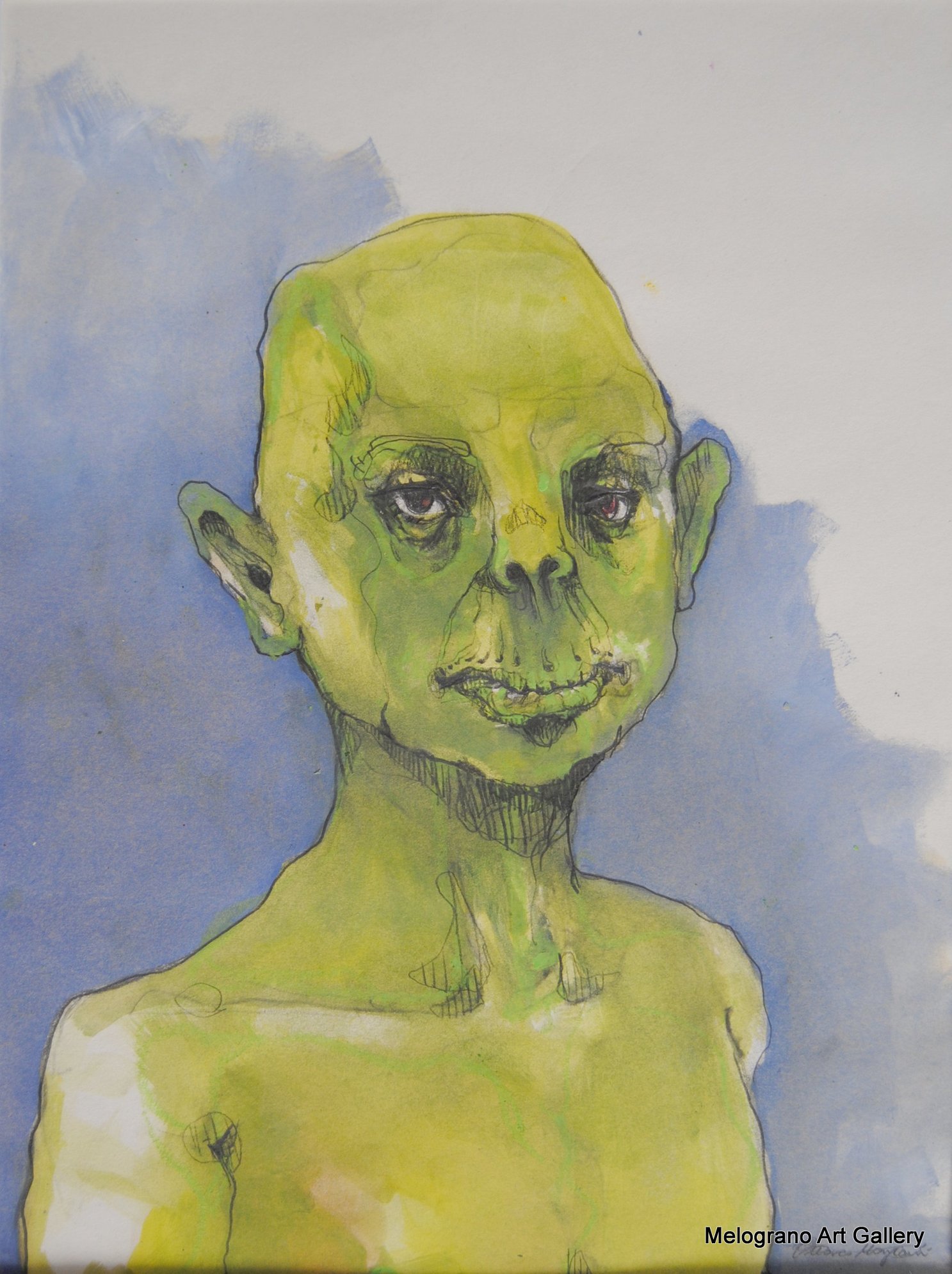 Volto androgino con velatura verde chartreuse su sfondo azzurro, espressione assente, tratto matita rapido.