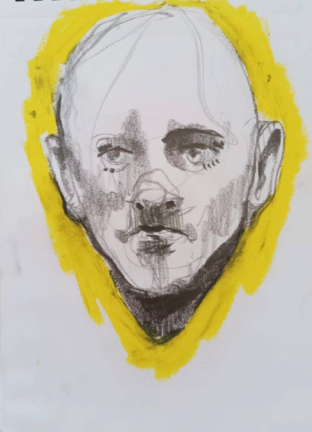 Disegno a grafite su carta di Ottavio Mangiarini, Presence Portrait con dettaglio giallo, opera originale contemporanea.