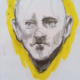 Disegno a grafite su carta di Ottavio Mangiarini, Presence Portrait con dettaglio giallo, opera originale contemporanea.