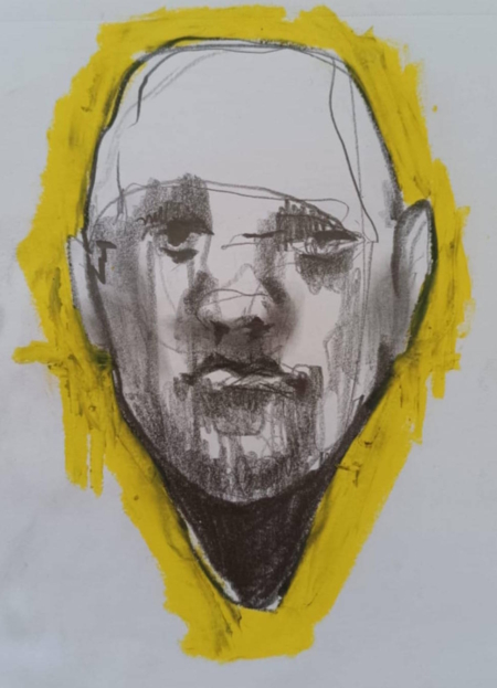 Disegno a grafite su carta di Ottavio Mangiarini, Presence Portrait con aura giallo zabaione, opera originale contemporanea.