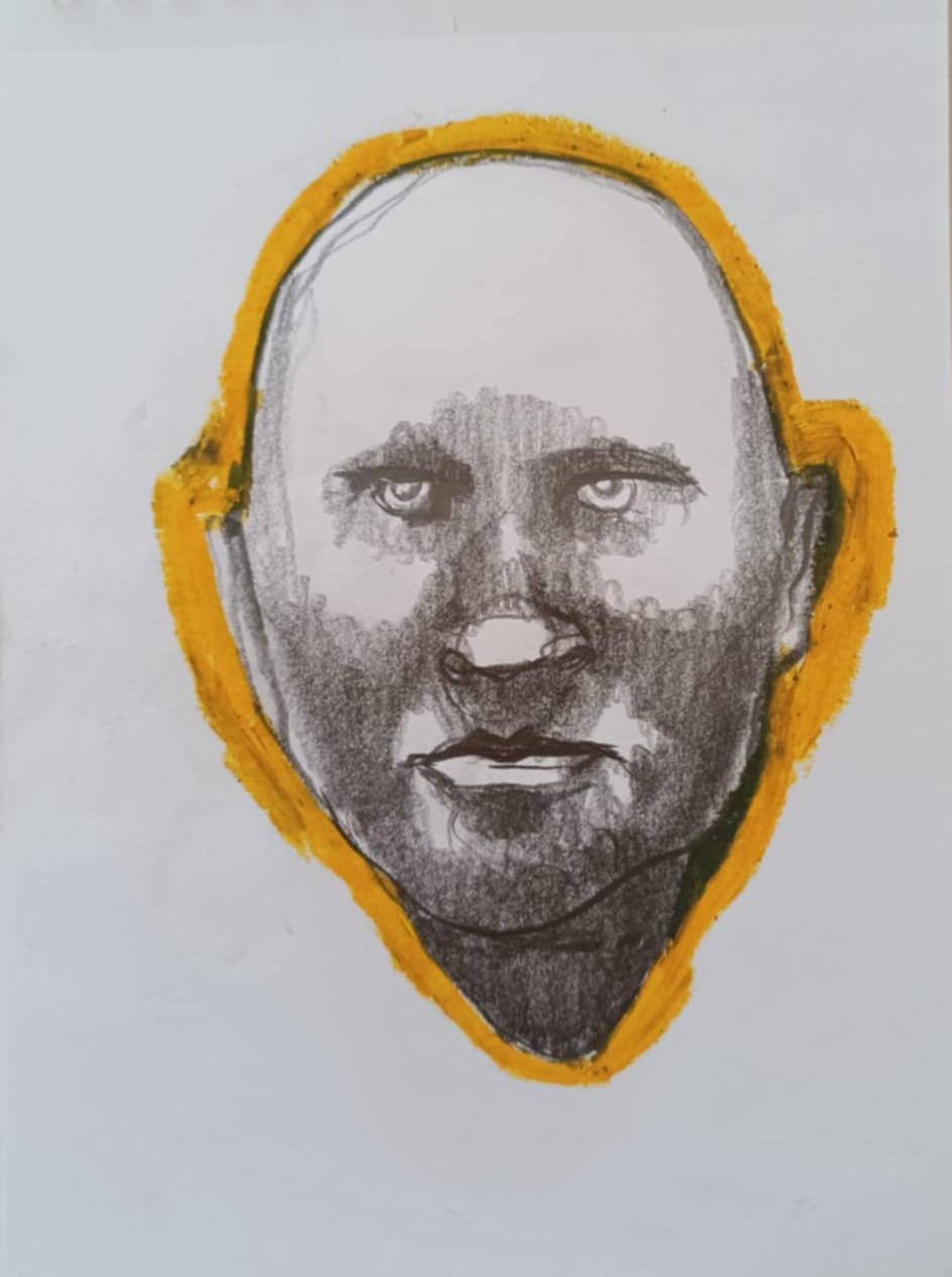 Disegno a grafite su carta di Ottavio Mangiarini, Presence Portrait con aura arancio melone, opera originale contemporanea.