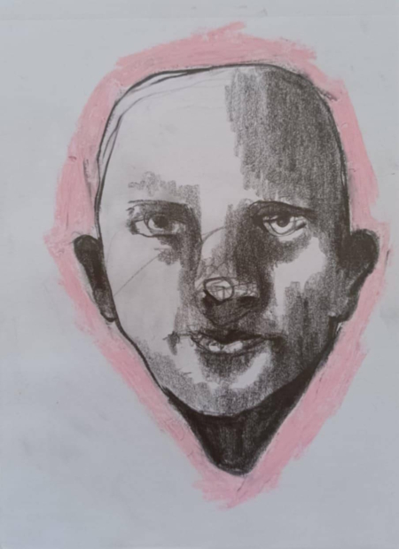 Disegno a grafite su carta di Ottavio Mangiarini, Presence Portrait con aura rosa bubblegum, opera originale contemporanea.