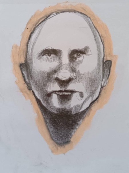 Disegno a grafite su carta di Ottavio Mangiarini, Presence Portrait con aura rosa confetto, opera originale contemporanea.