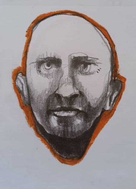 Disegno a grafite su carta di Ottavio Mangiarini, Presence Portrait con aura color mattone scuro, opera originale contemporanea.