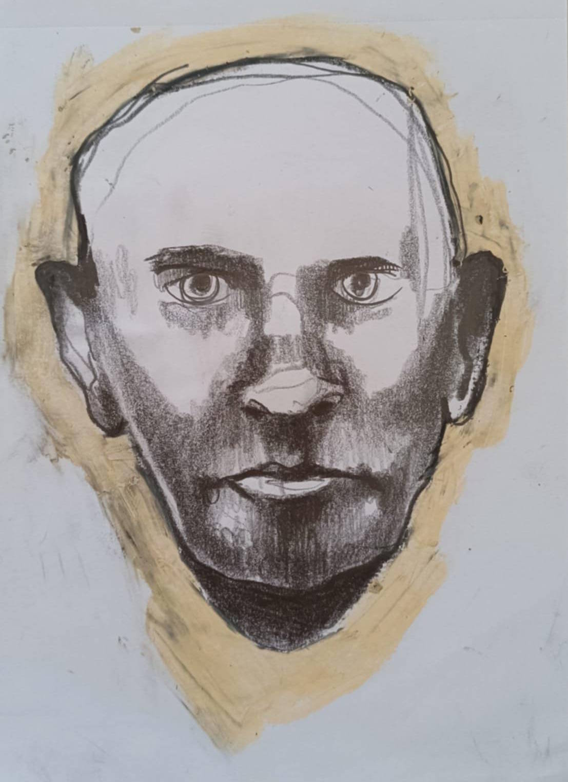 Disegno a grafite su carta di Ottavio Mangiarini, Presence Portrait con aura rosa color carne, opera originale contemporanea.