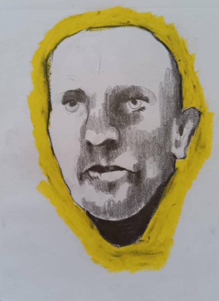 Disegno a grafite su carta di Ottavio Mangiarini, Presence Portrait con aura giallo uovo, opera originale contemporanea.