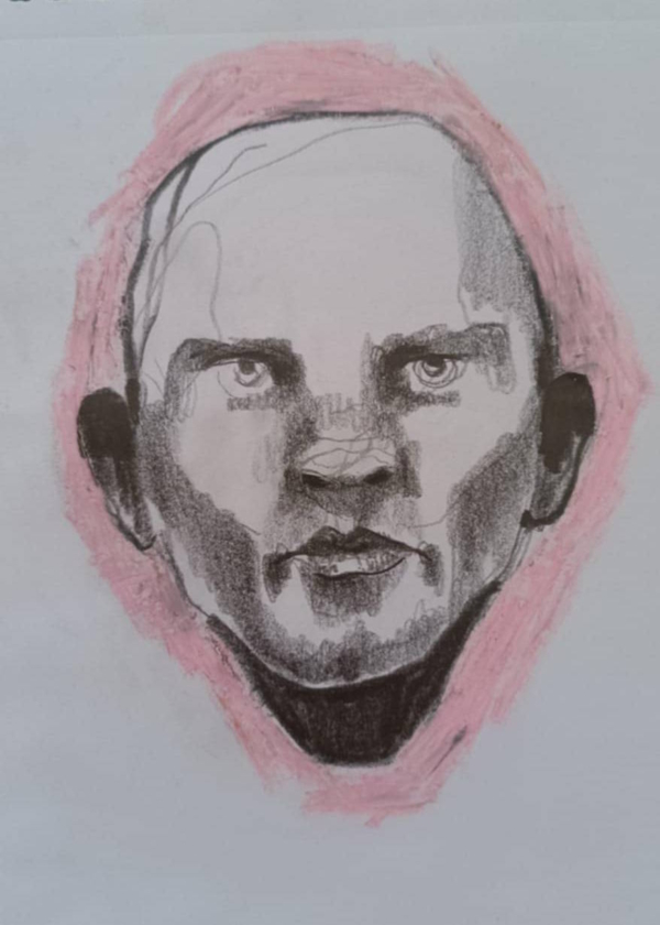 Disegno a grafite su carta di Ottavio Mangiarini, Presence Portrait con aura pink rose, opera originale contemporanea.