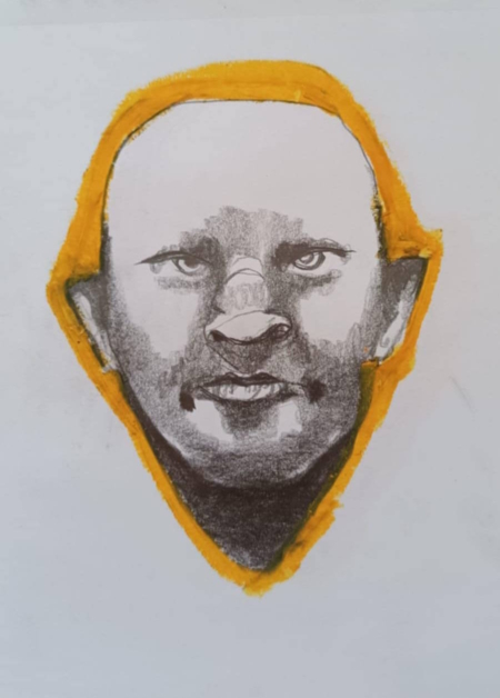 Disegno a grafite su carta di Ottavio Mangiarini, Presence Portrait con aura corallo chiaro, opera originale contemporanea.