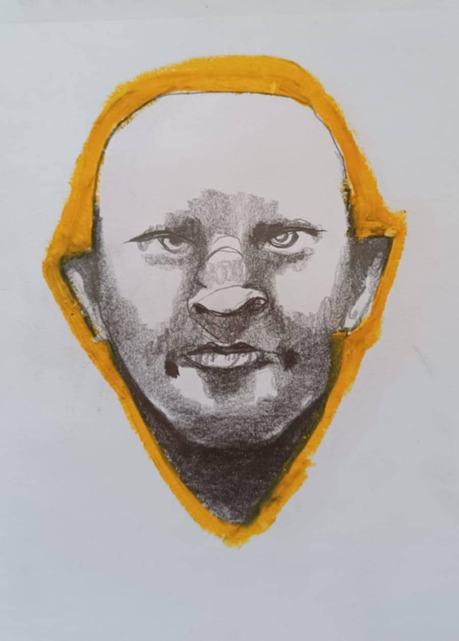 Disegno a grafite su carta di Ottavio Mangiarini, Presence Portrait con aura corallo chiaro, opera originale contemporanea.