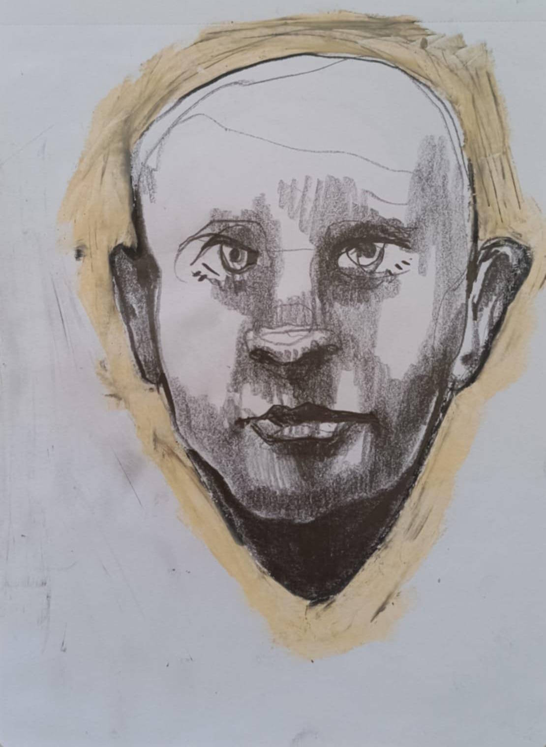 Disegno a grafite su carta di Ottavio Mangiarini, Presence Portrait con aura rosa carnicino, opera originale contemporanea.