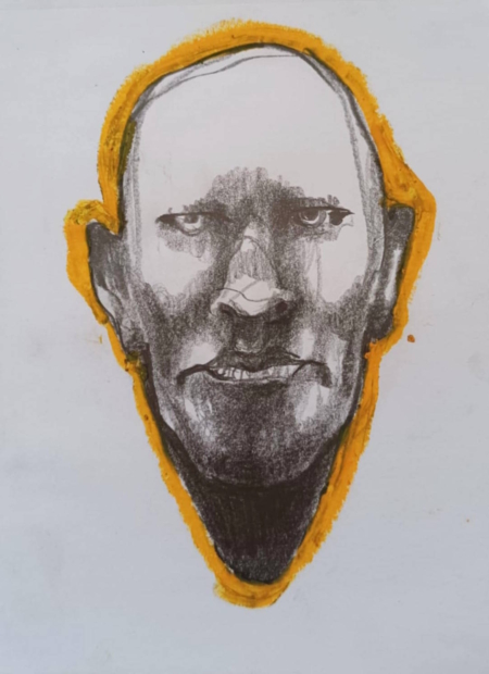 Disegno a grafite su carta di Ottavio Mangiarini, Presence Portrait con dettaglio arancio, opera originale contemporanea.