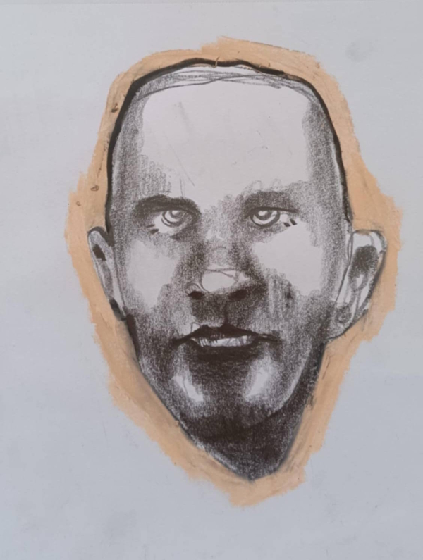 Disegno a grafite su carta di Ottavio Mangiarini, Presence Portrait con aura rosa cipria antico, opera originale contemporanea.