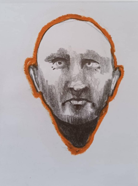 Disegno a grafite su carta di Ottavio Mangiarini, Presence Portrait con aura rosso aranciato, opera originale contemporanea.